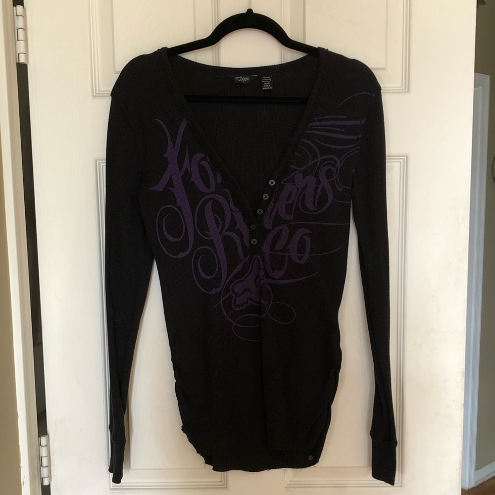 Fox Black Long Sleeve Henley with Purple Script Graphic